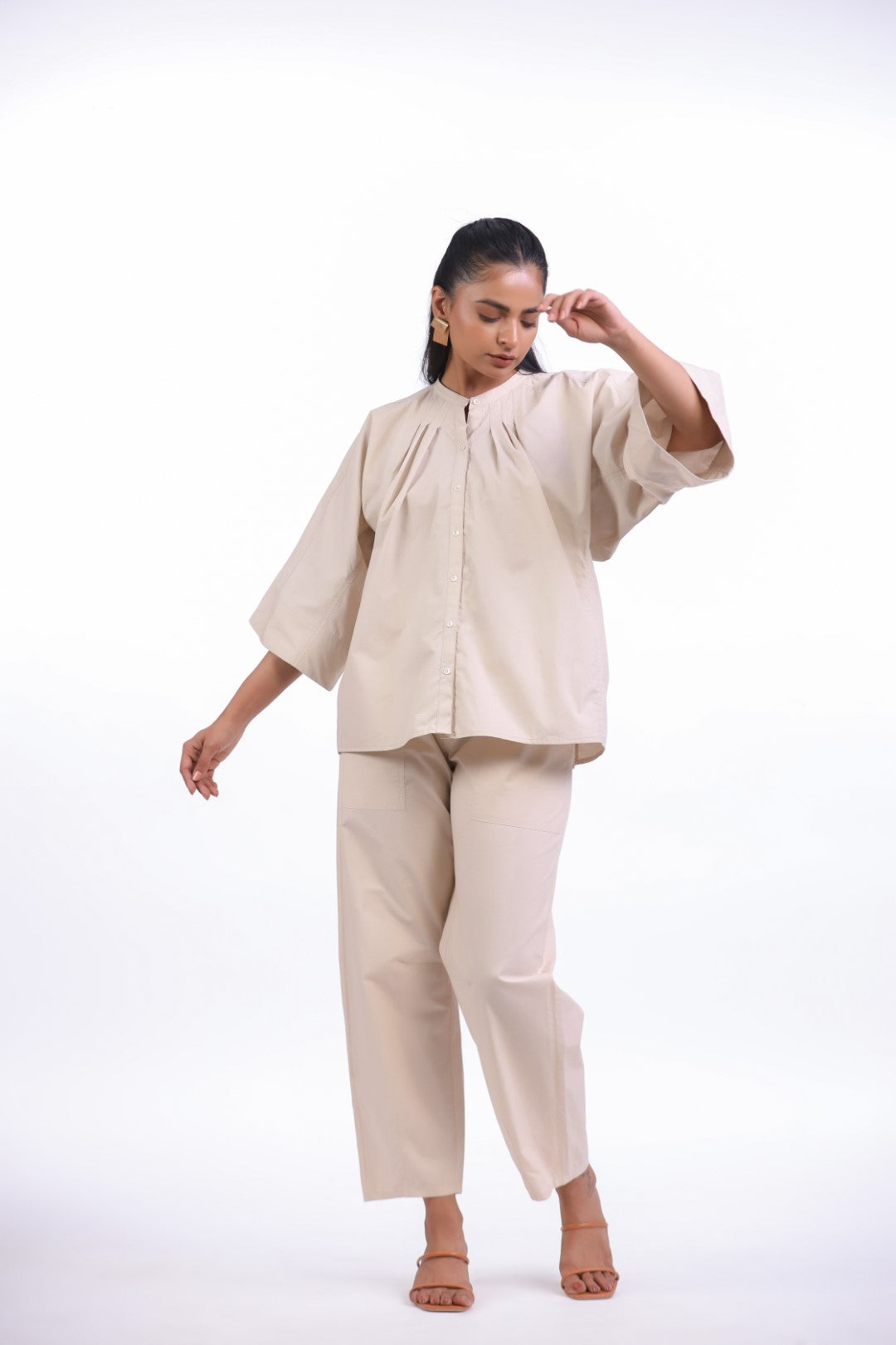 Women’s Beige Solid Cotton Poplin Co-Ord Set