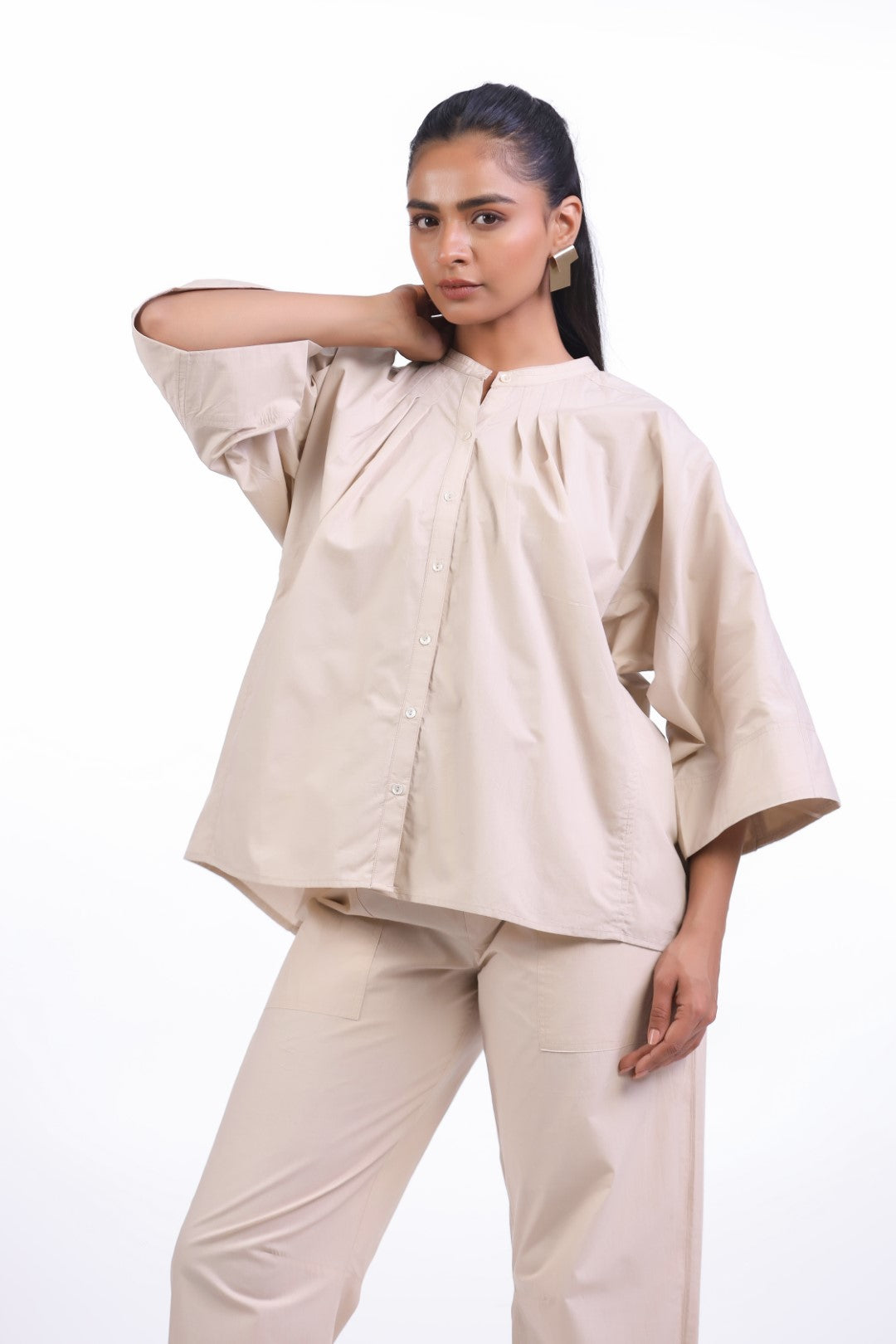 Women’s Beige Solid Cotton Poplin Top
