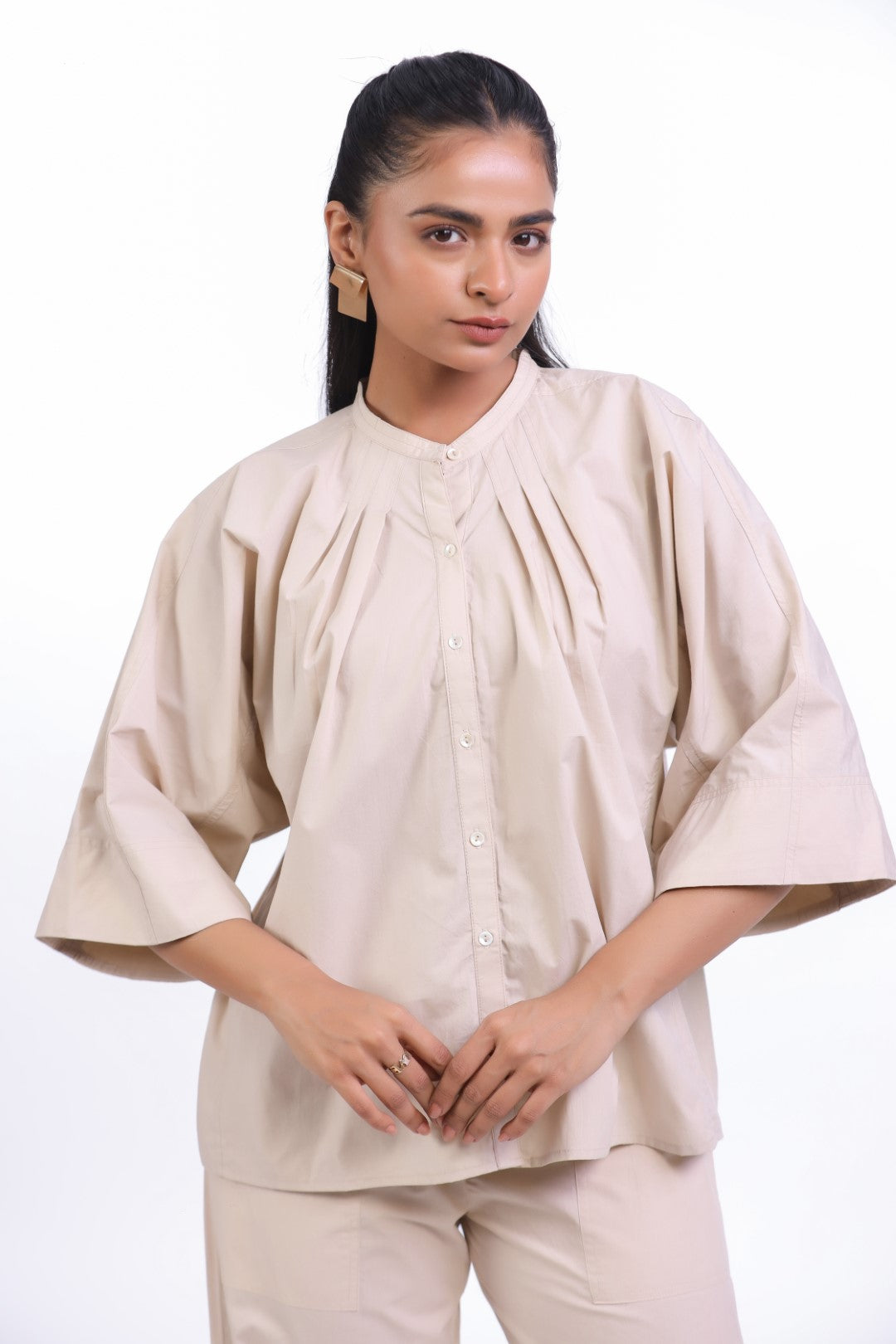 Women’s Beige Solid Cotton Poplin Top