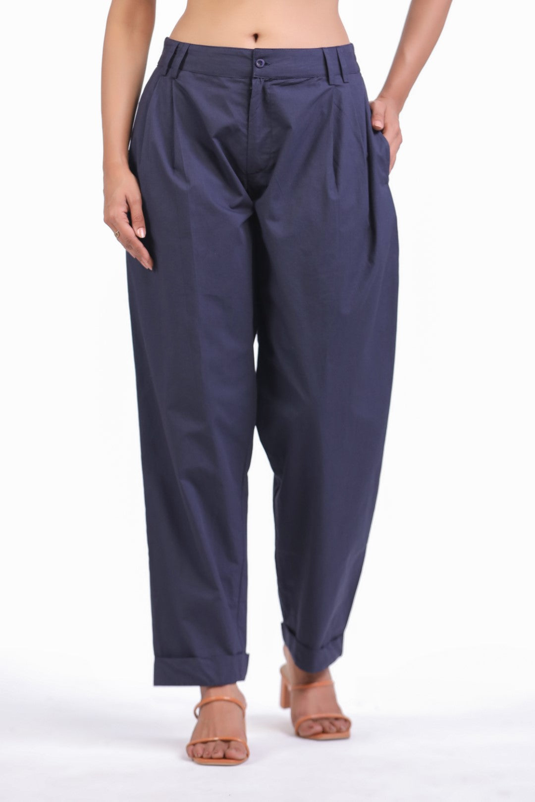 MUUN Women's Navy Solid Cotton Pant