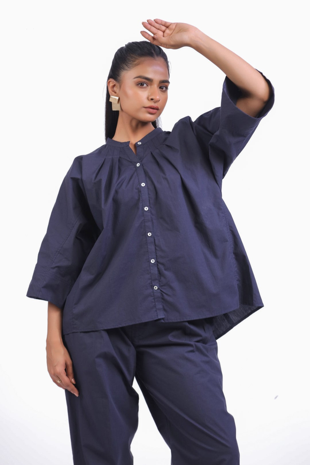 Women’s Navy Solid Cotton Poplin Top
