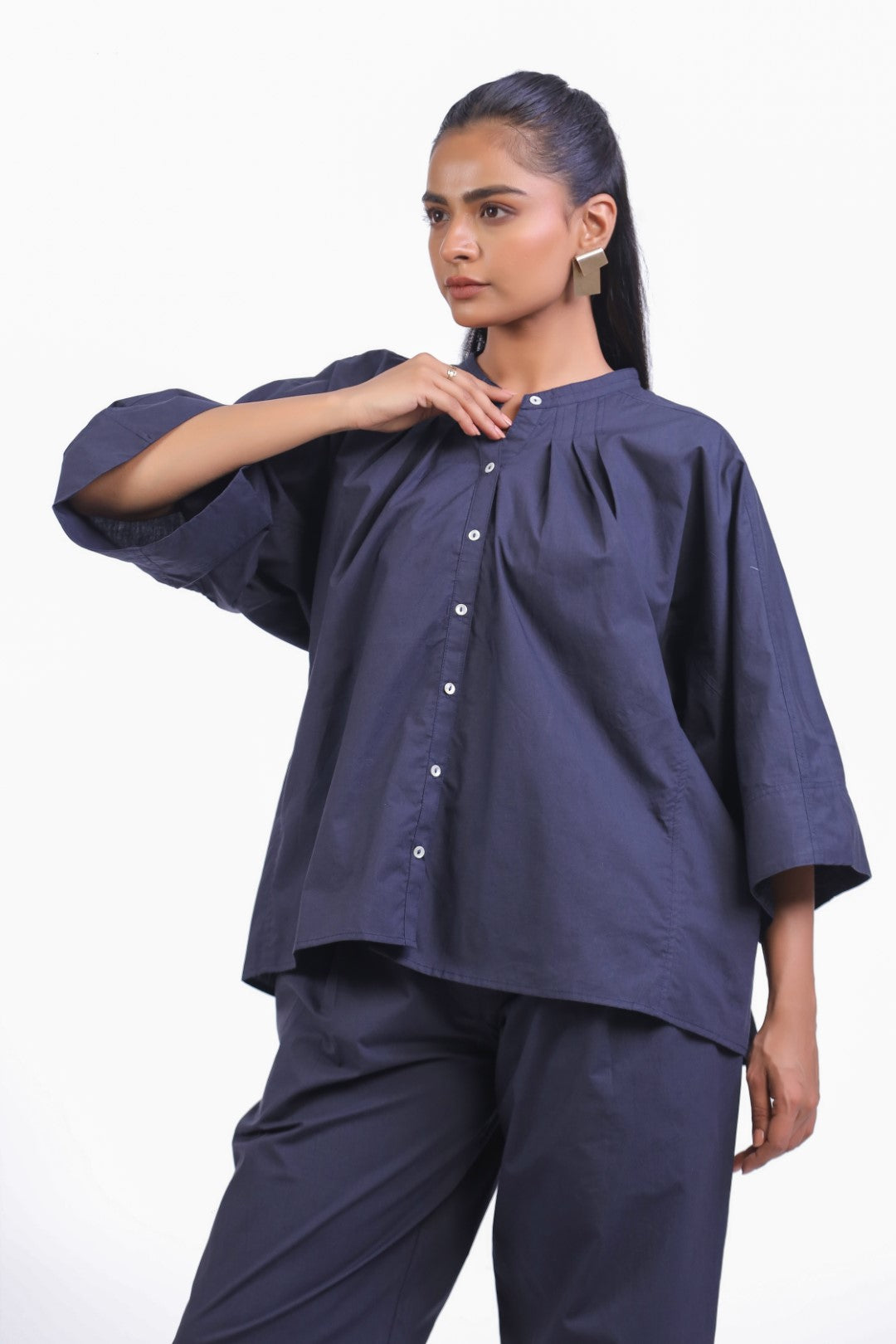 Women’s Navy Solid Cotton Poplin Top