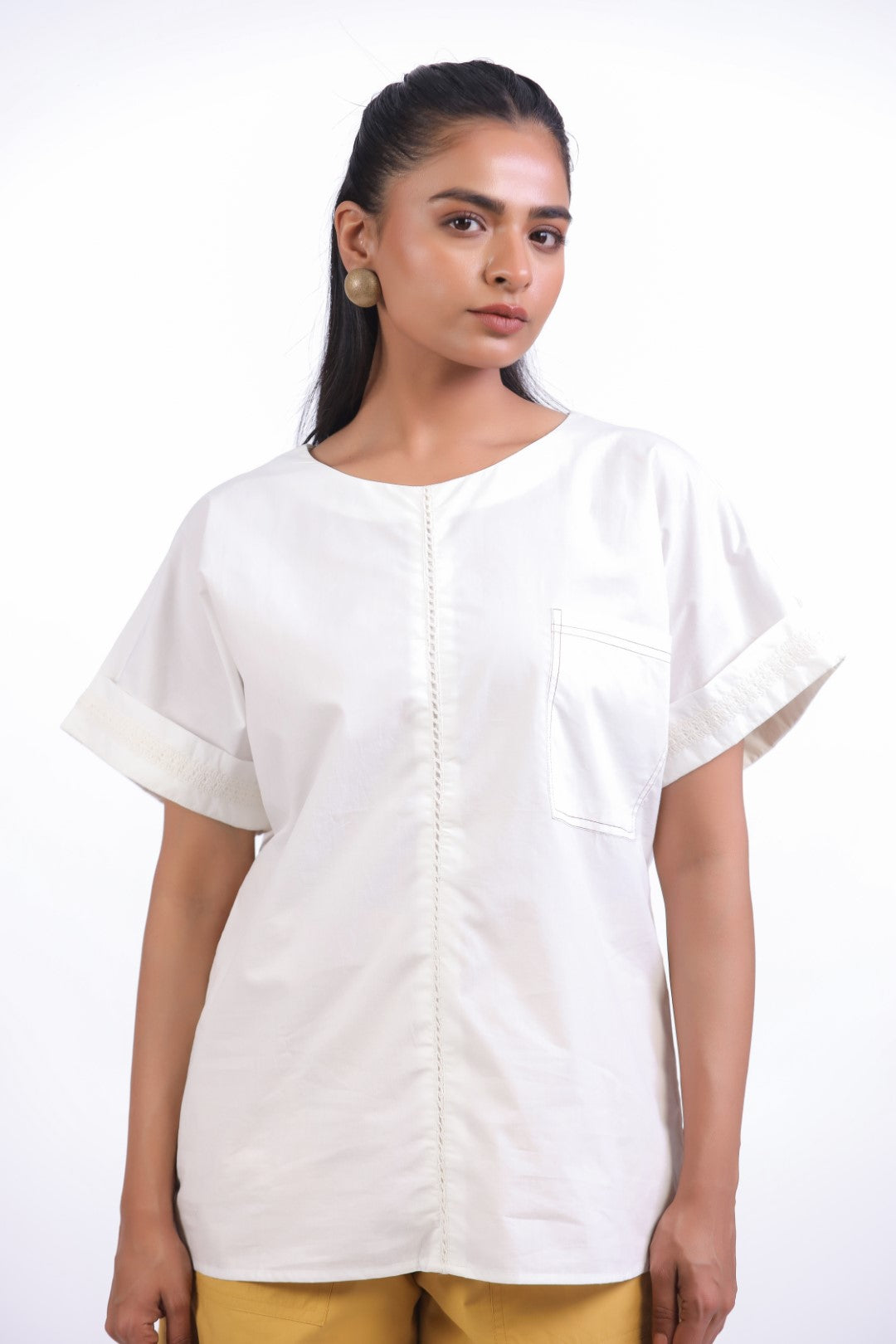 Women White Cotton Top With Yellow Shorts (Co-ord)