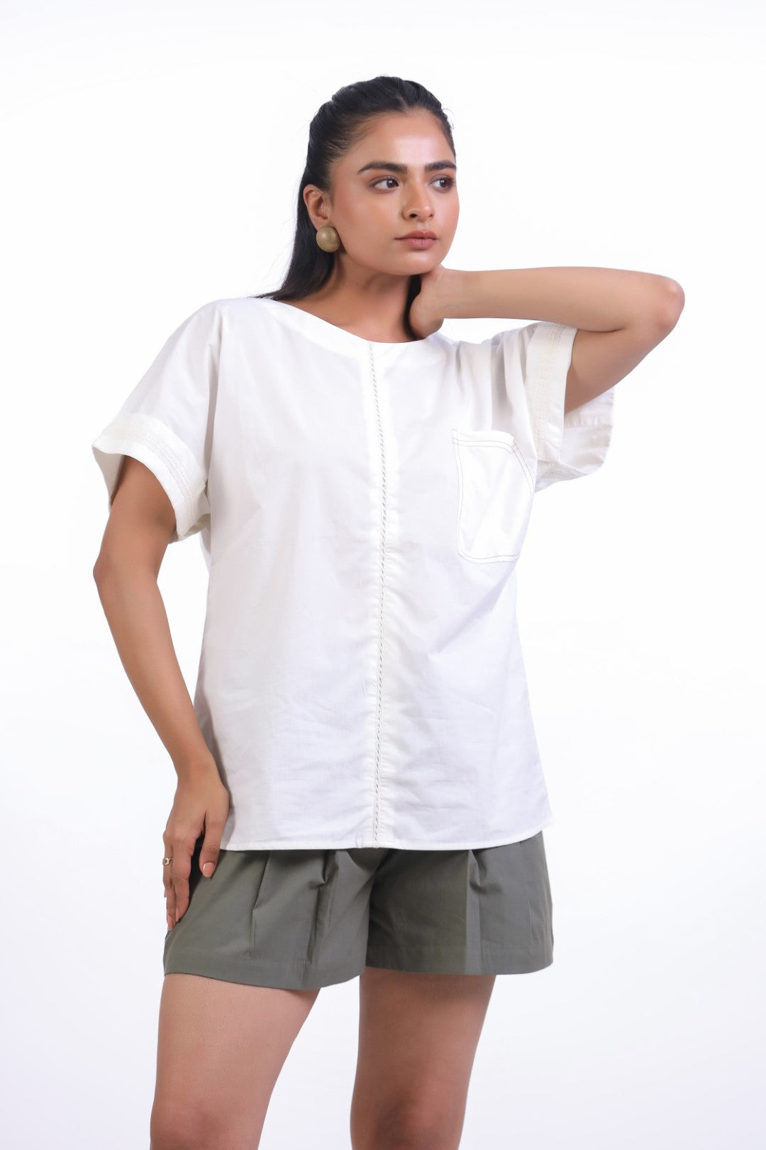 Women White Cotton Top With Green Shorts (co-ord)