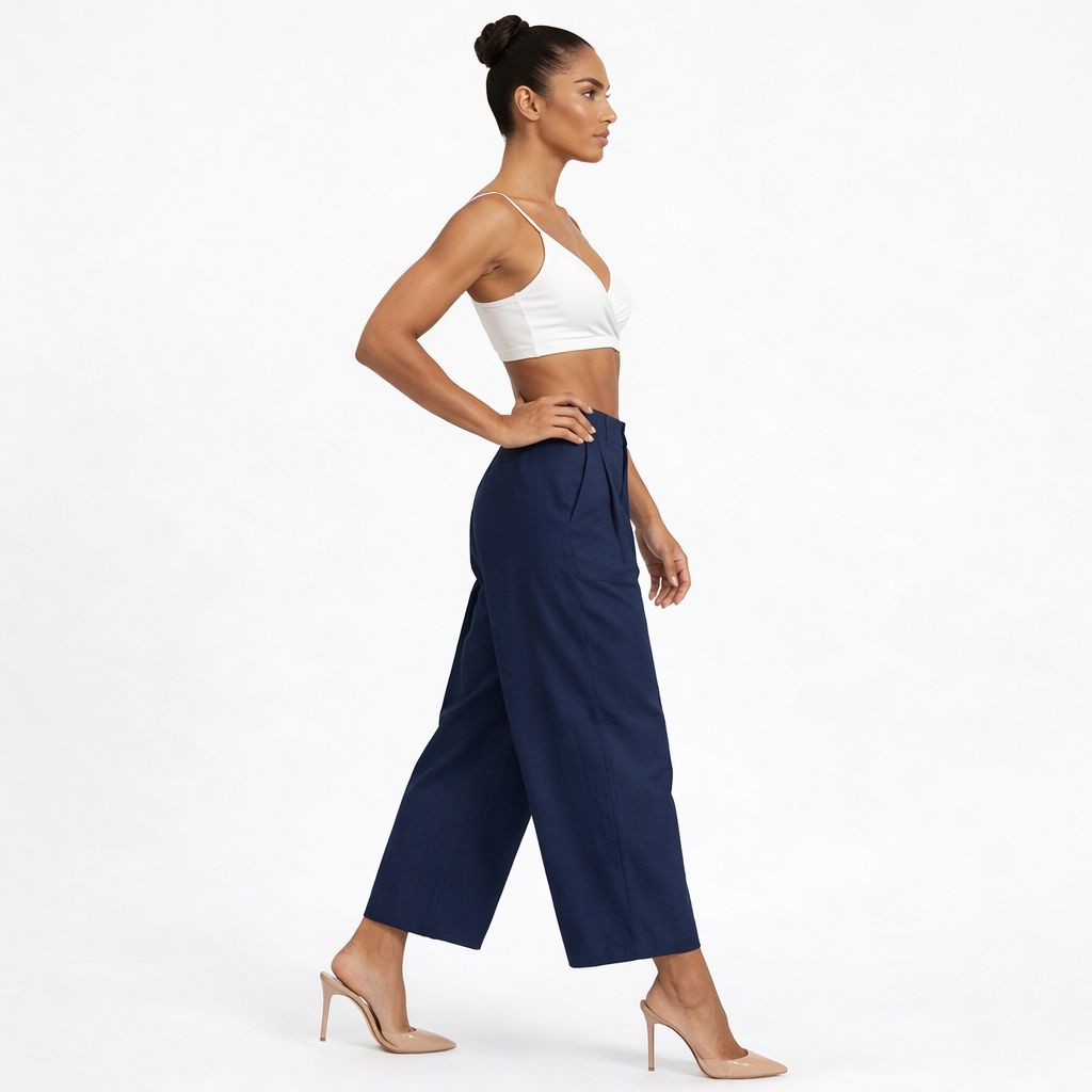 Women Navy Blue Cotton Poplin Wide Leg Trouser High Waist Straight Fit Pants
