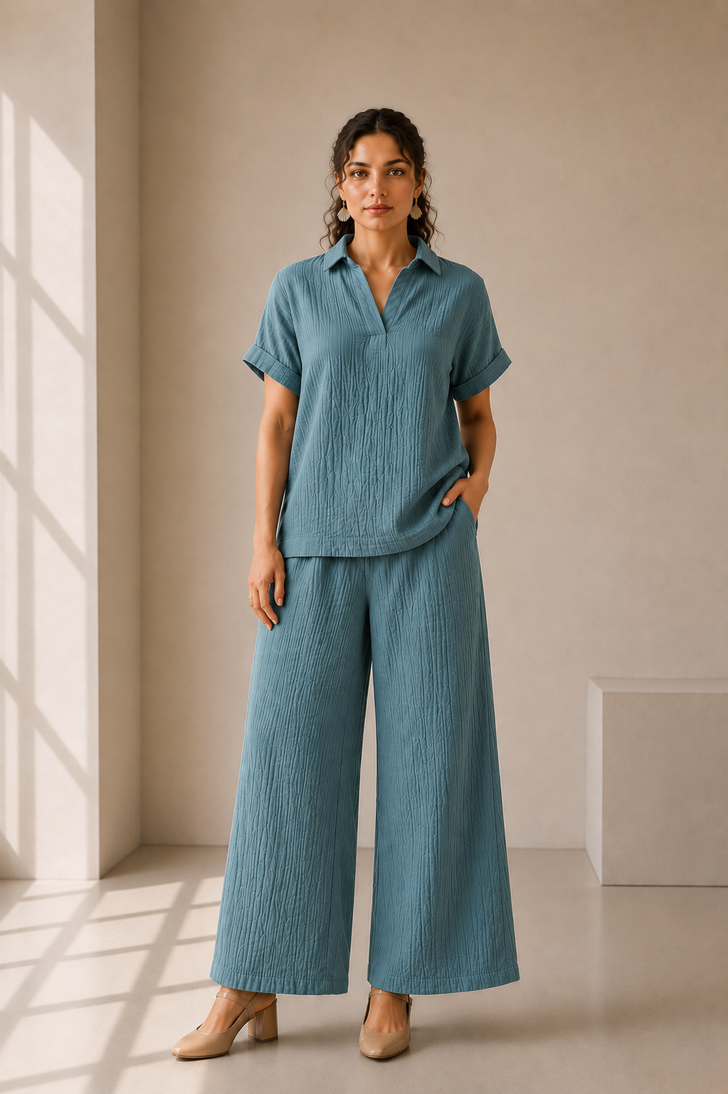 Petrol Blue Relaxed Collared Cotton Co-ord Set