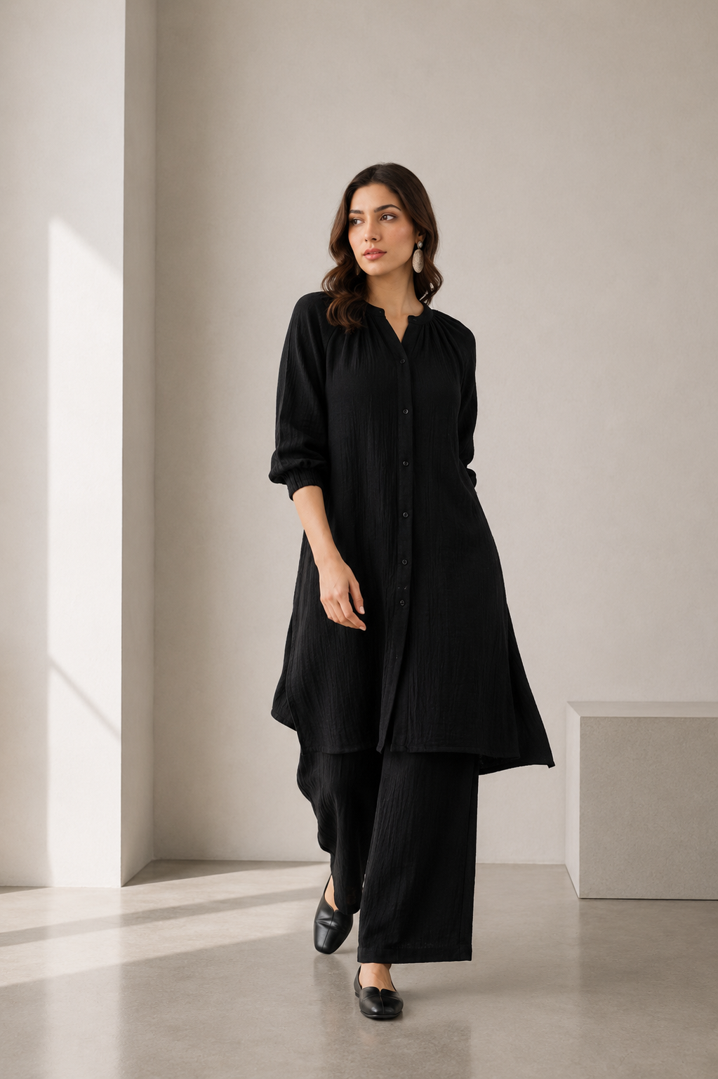 Black Longline Button-Front Cotton Co-ord Set