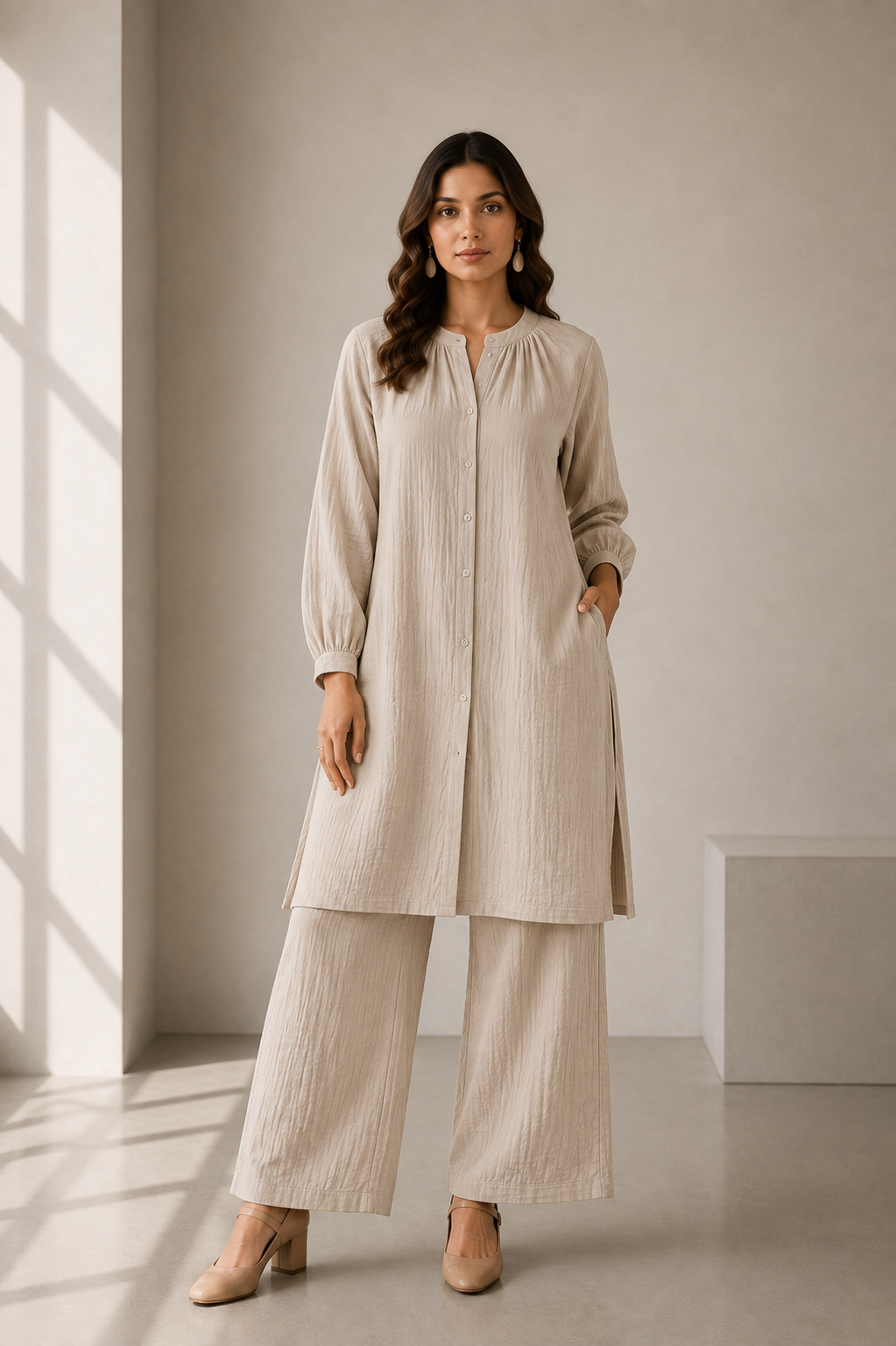 Beige Longline Button-Front Cotton Co-ord Set