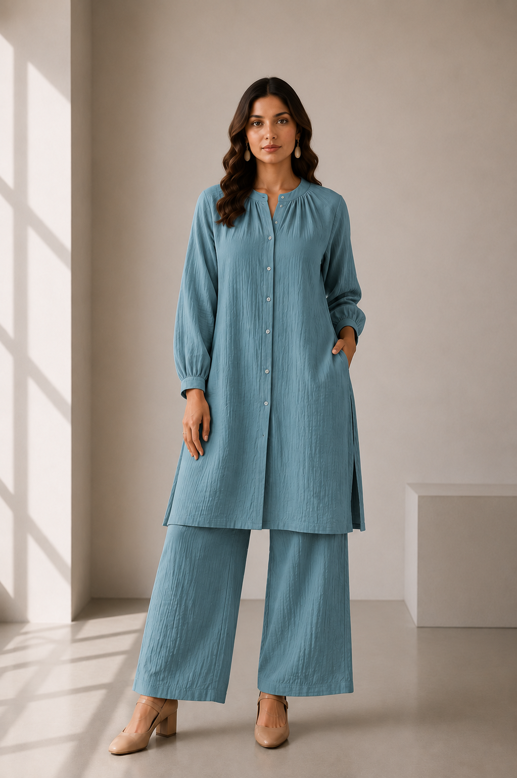 Petrol Blue Longline Cotton Co-ord Set