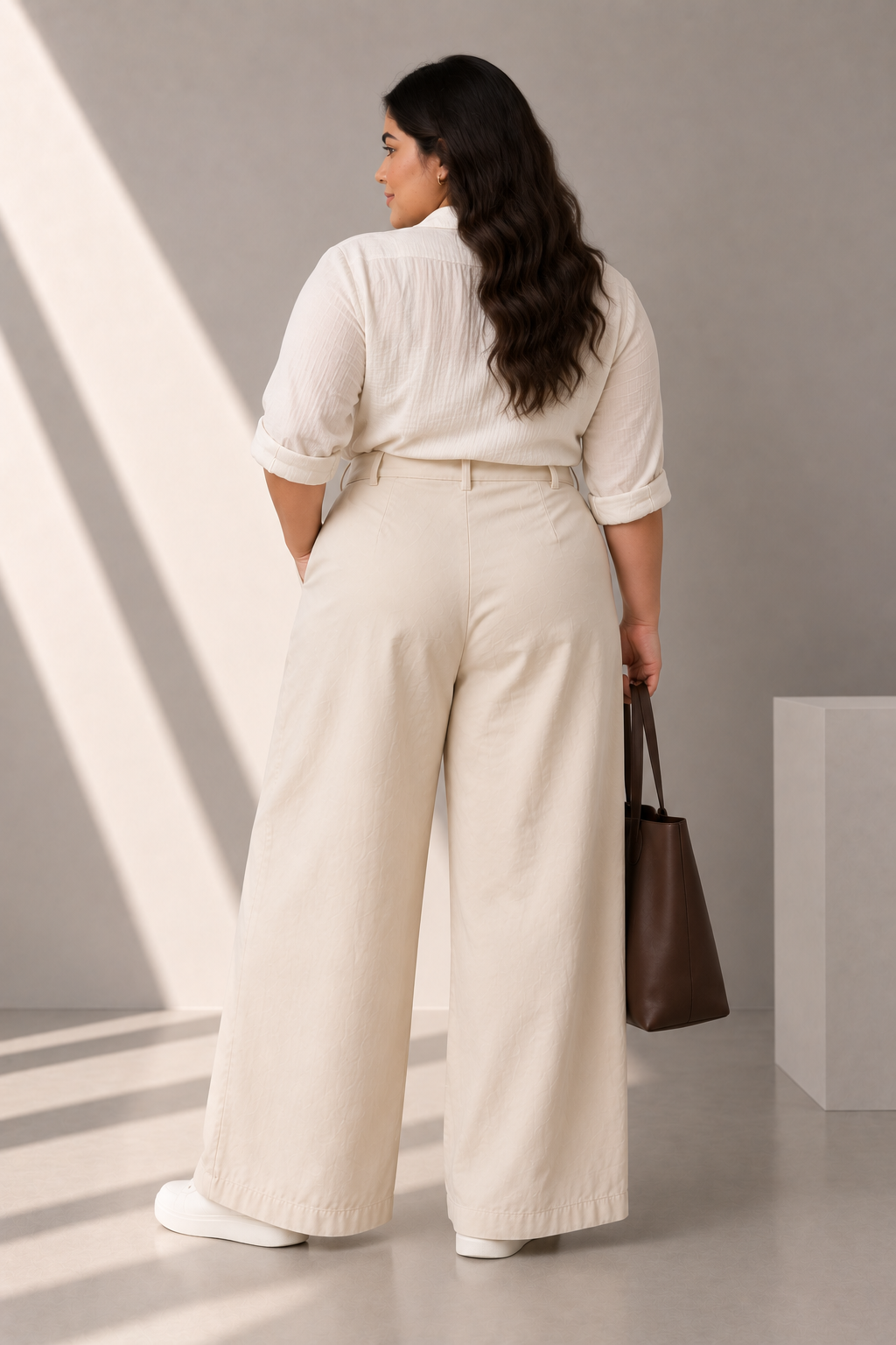 Women Beige Cotton Poplin Wide Leg Trouser | High Waist Straight Fit Pants