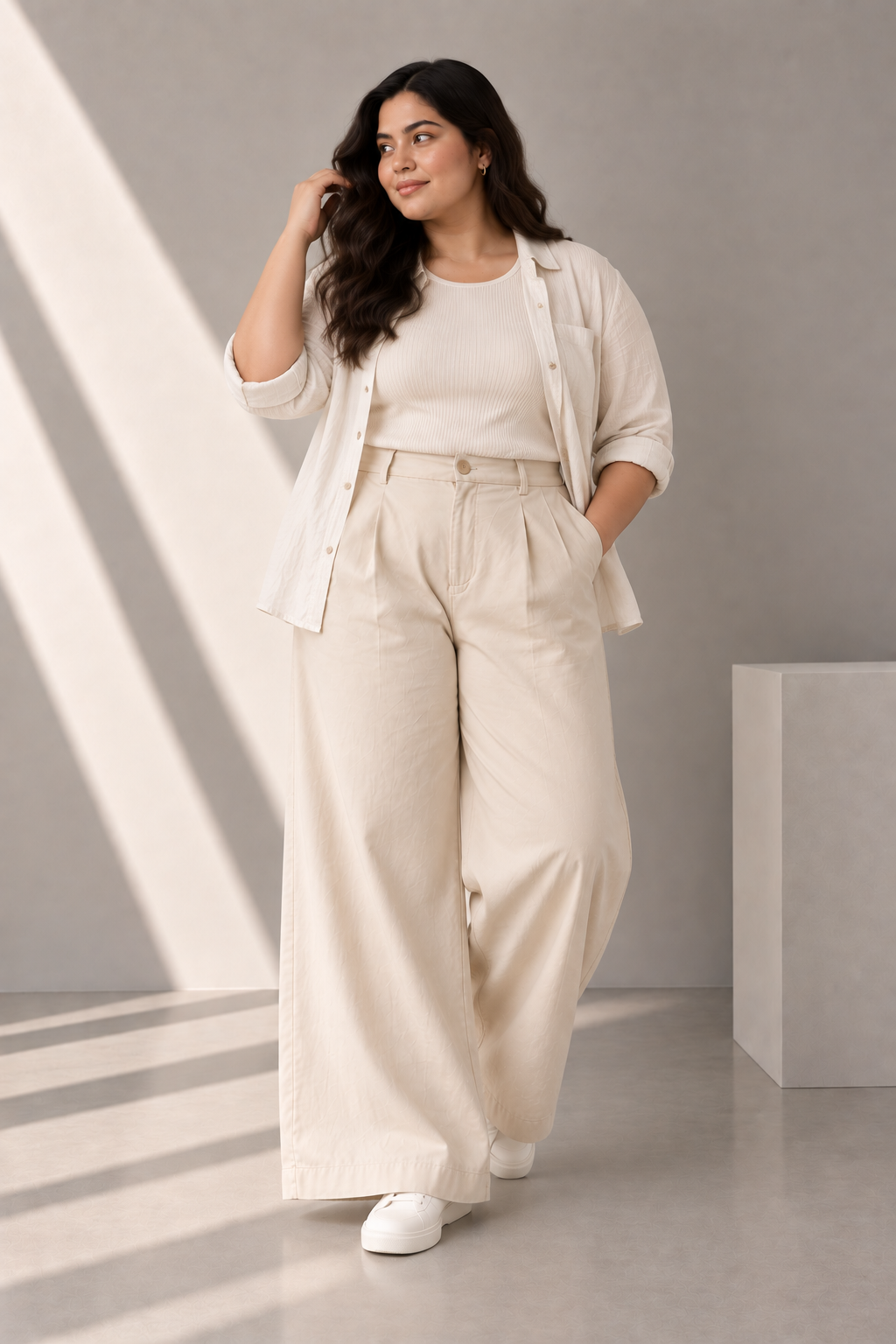 Women Beige Cotton Poplin Wide Leg Trouser | High Waist Straight Fit Pants