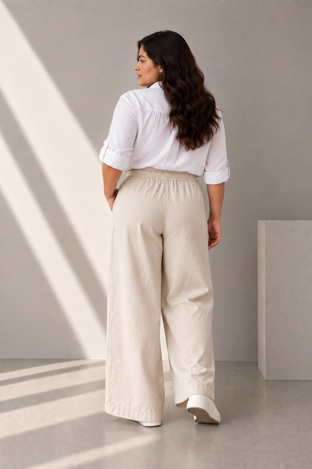 Women Light Beige Cotton Poplin Wide Leg Trouser Elastic Waist Drawstring Pants
