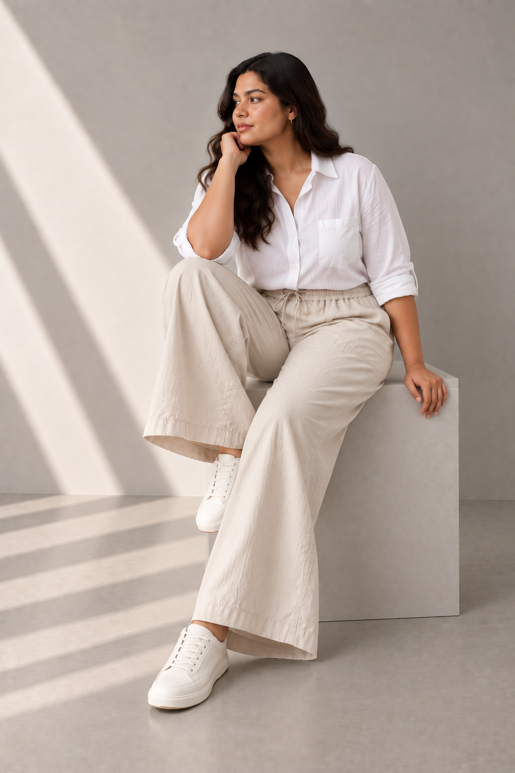 Women Light Beige Cotton Poplin Wide Leg Trouser Elastic Waist Drawstring Pants