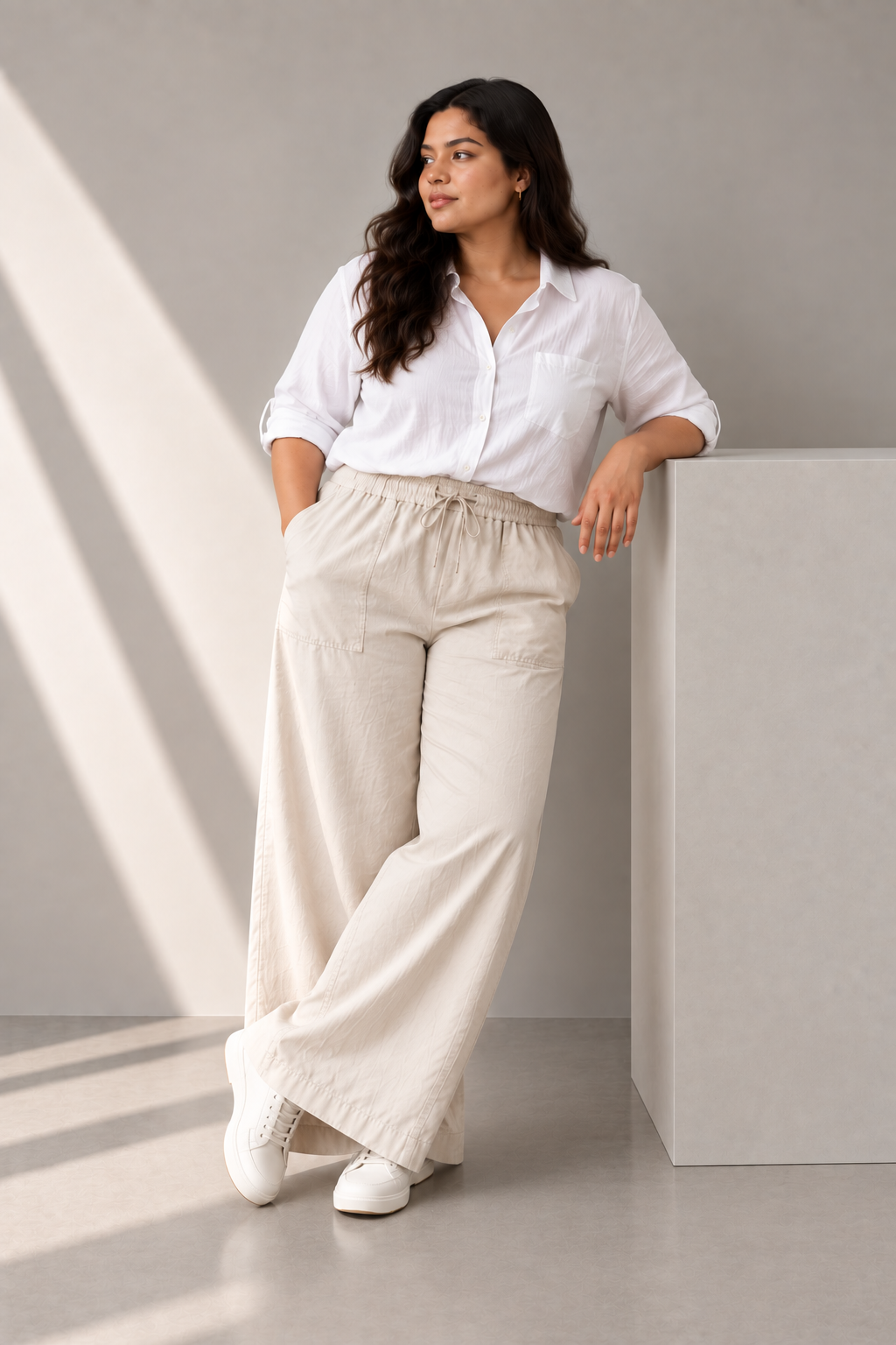 Women Light Beige Cotton Poplin Wide Leg Trouser Elastic Waist Drawstring Pants