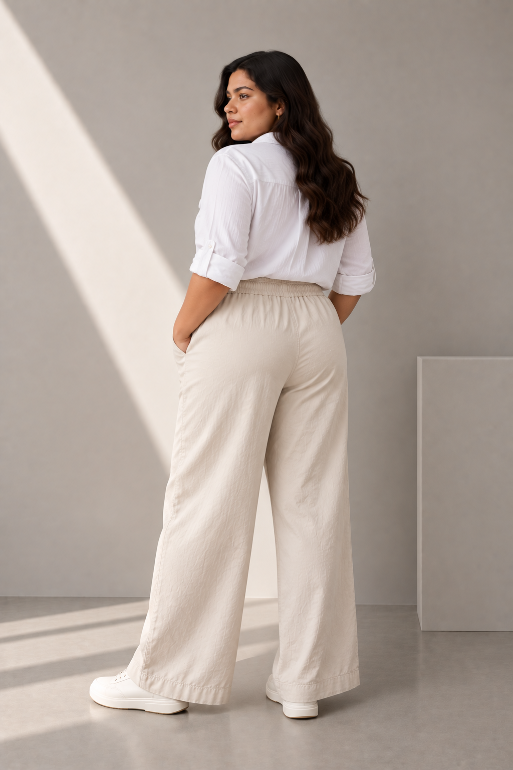Women Light Beige Cotton Poplin Wide Leg Trouser Elastic Waist Drawstring Pants