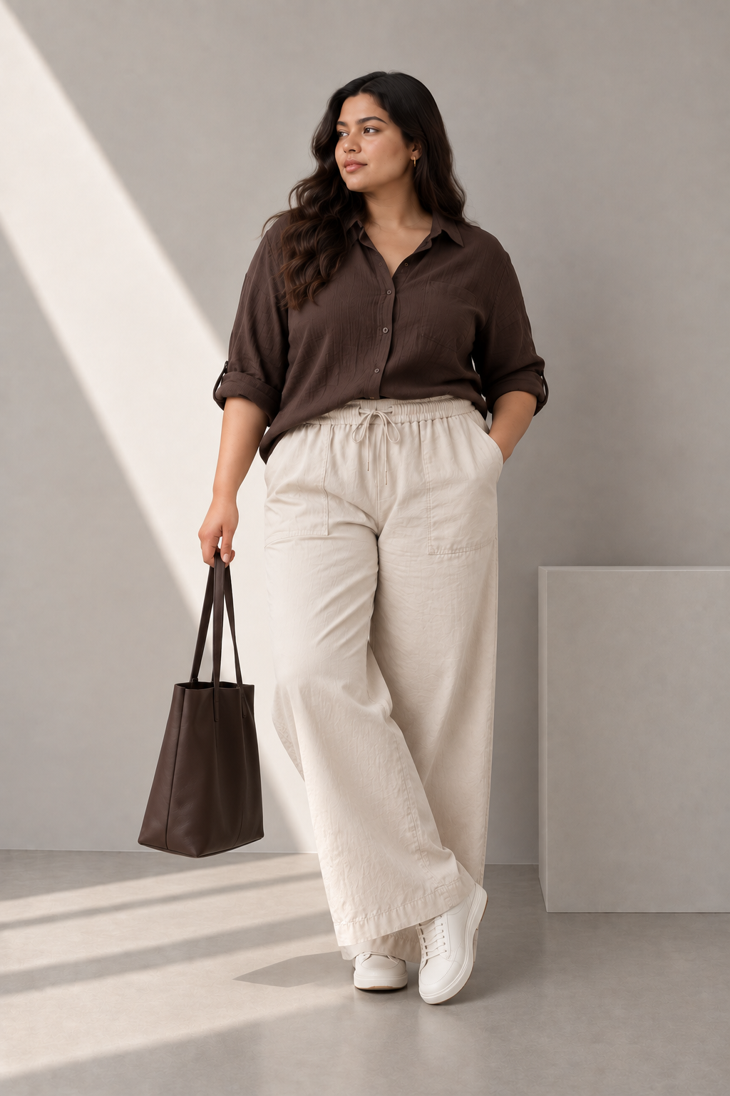 Women Light Beige Cotton Poplin Wide Leg Trouser Elastic Waist Drawstring Pants