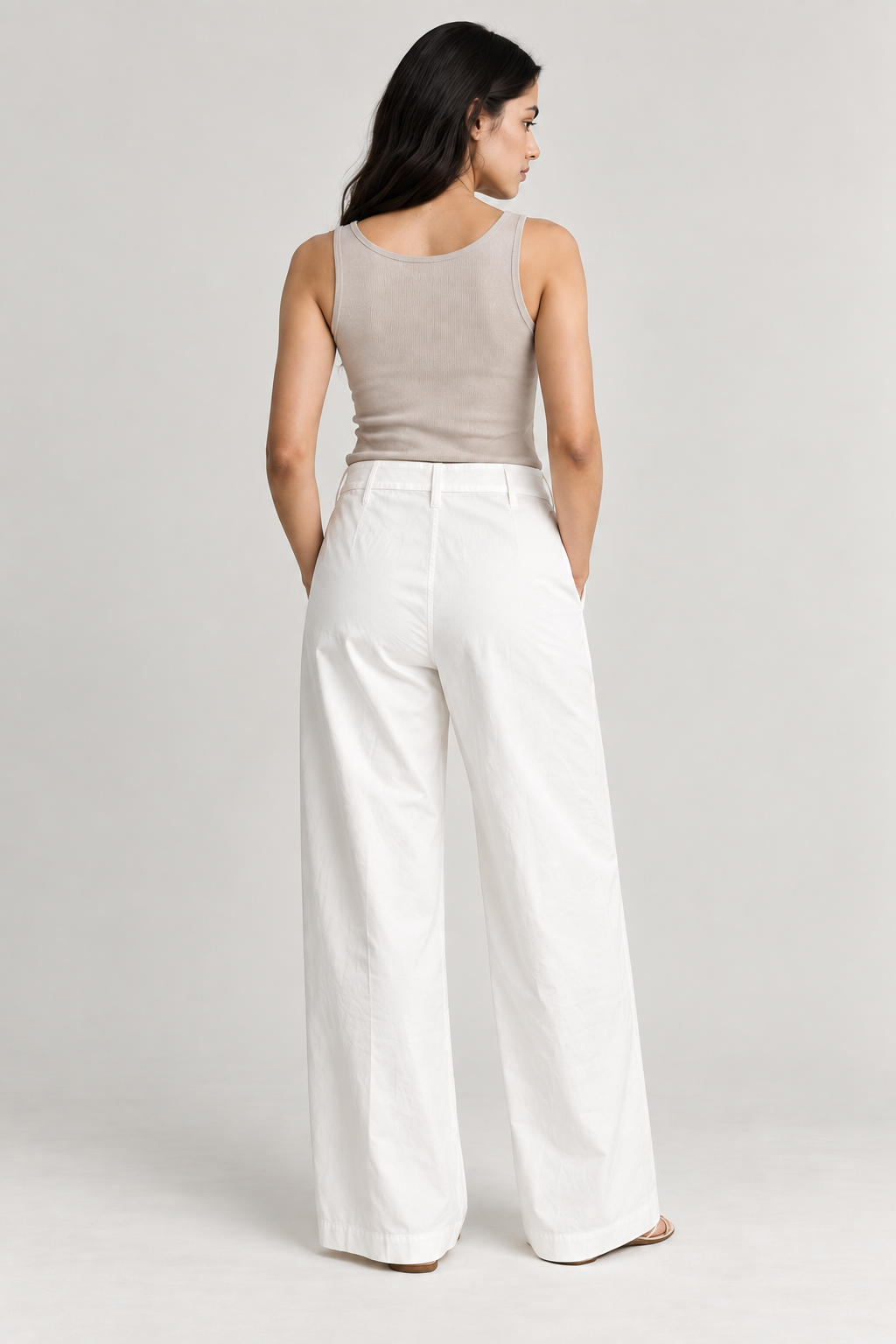 Women White Cotton Poplin Wide Leg Trouser High Waist Drawstring Pants