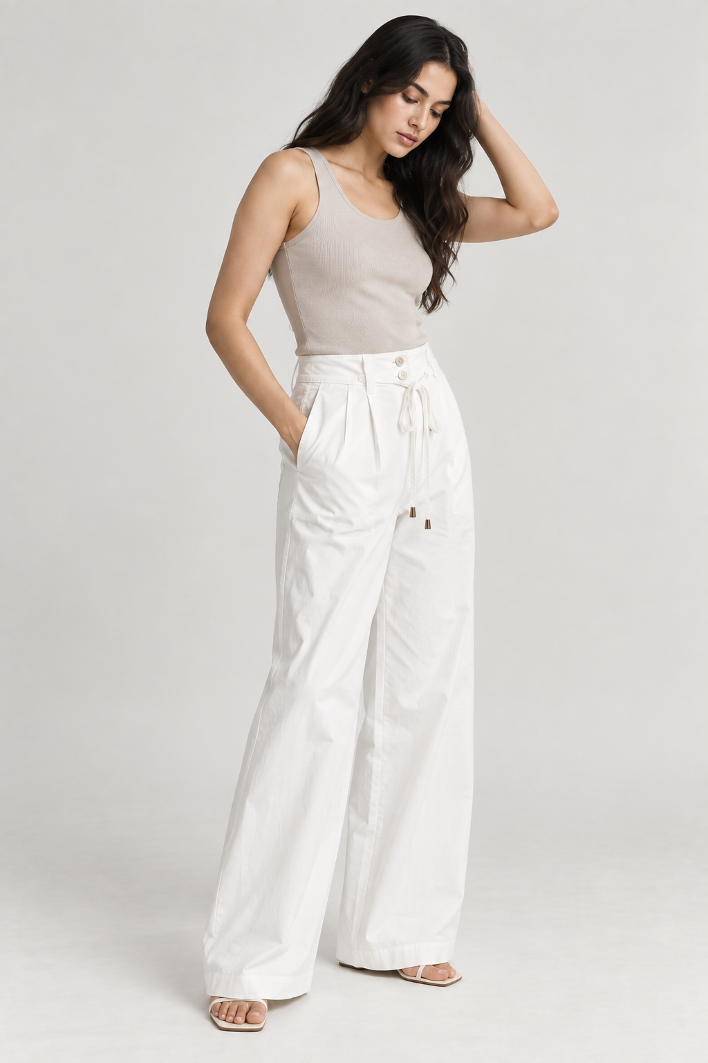 Women White Cotton Poplin Wide Leg Trouser High Waist Drawstring Pants