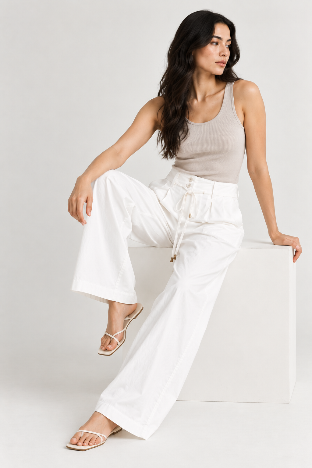 Women White Cotton Poplin Wide Leg Trouser High Waist Drawstring Pants