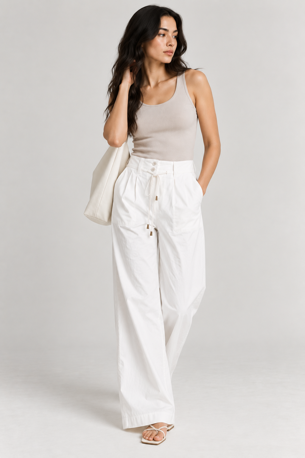Women White Cotton Poplin Wide Leg Trouser High Waist Drawstring Pants