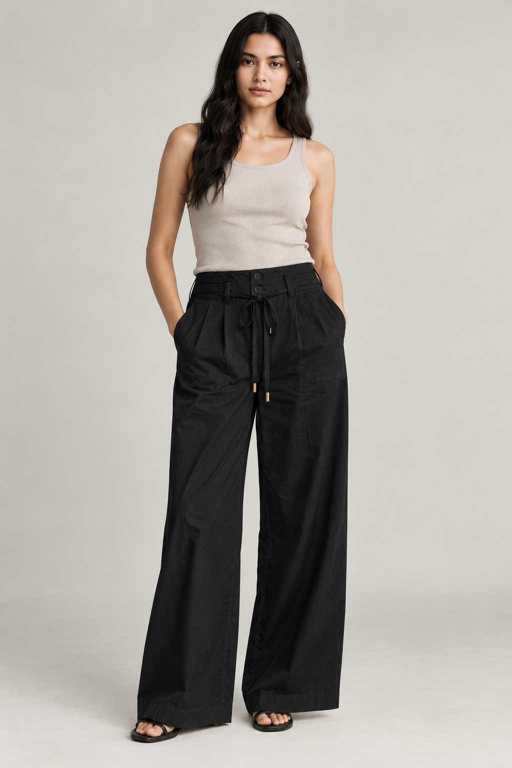 Women Black Cotton Poplin Wide Leg Trouser High Waist Drawstring Pants