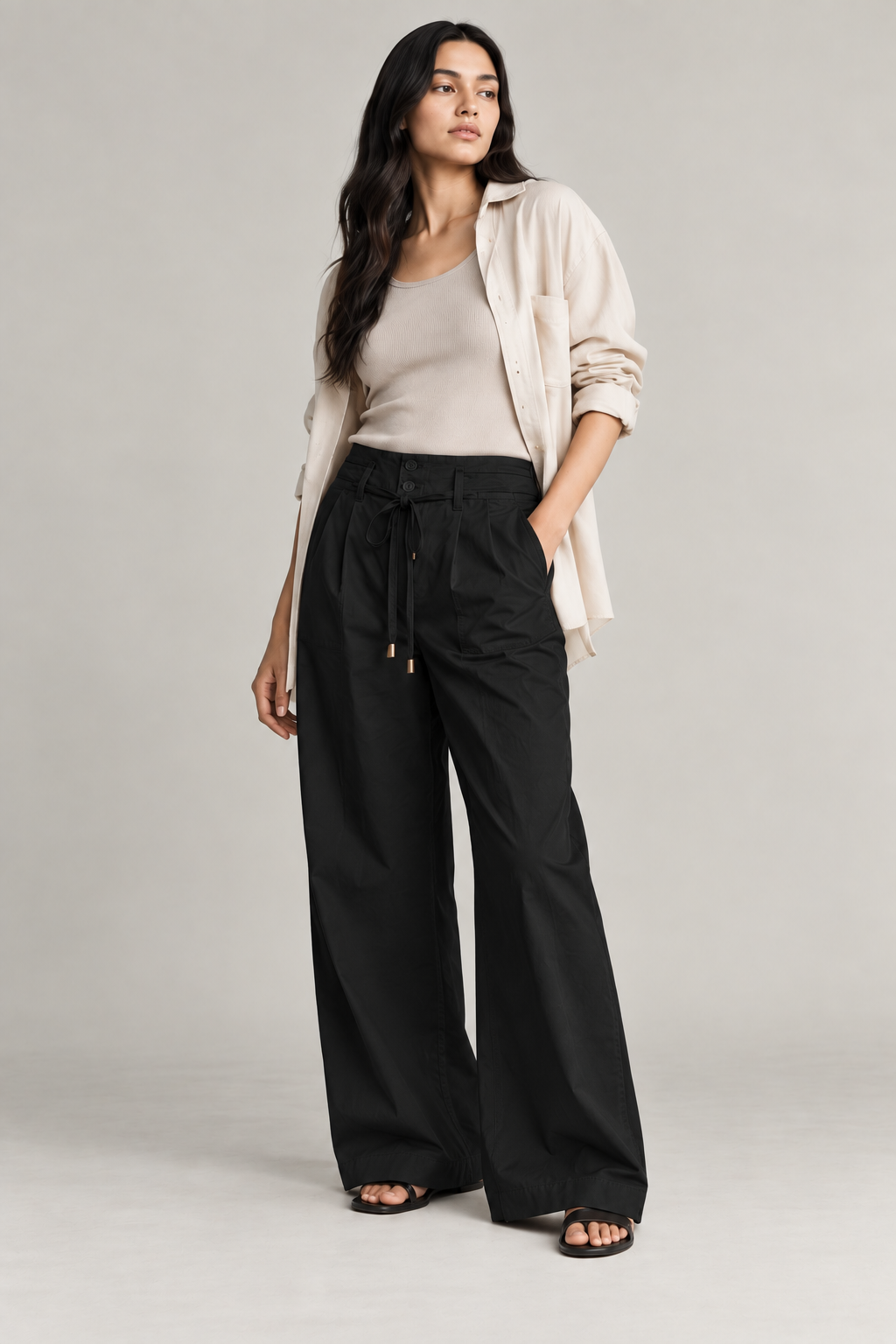 Women Black Cotton Poplin Wide Leg Trouser High Waist Drawstring Pants