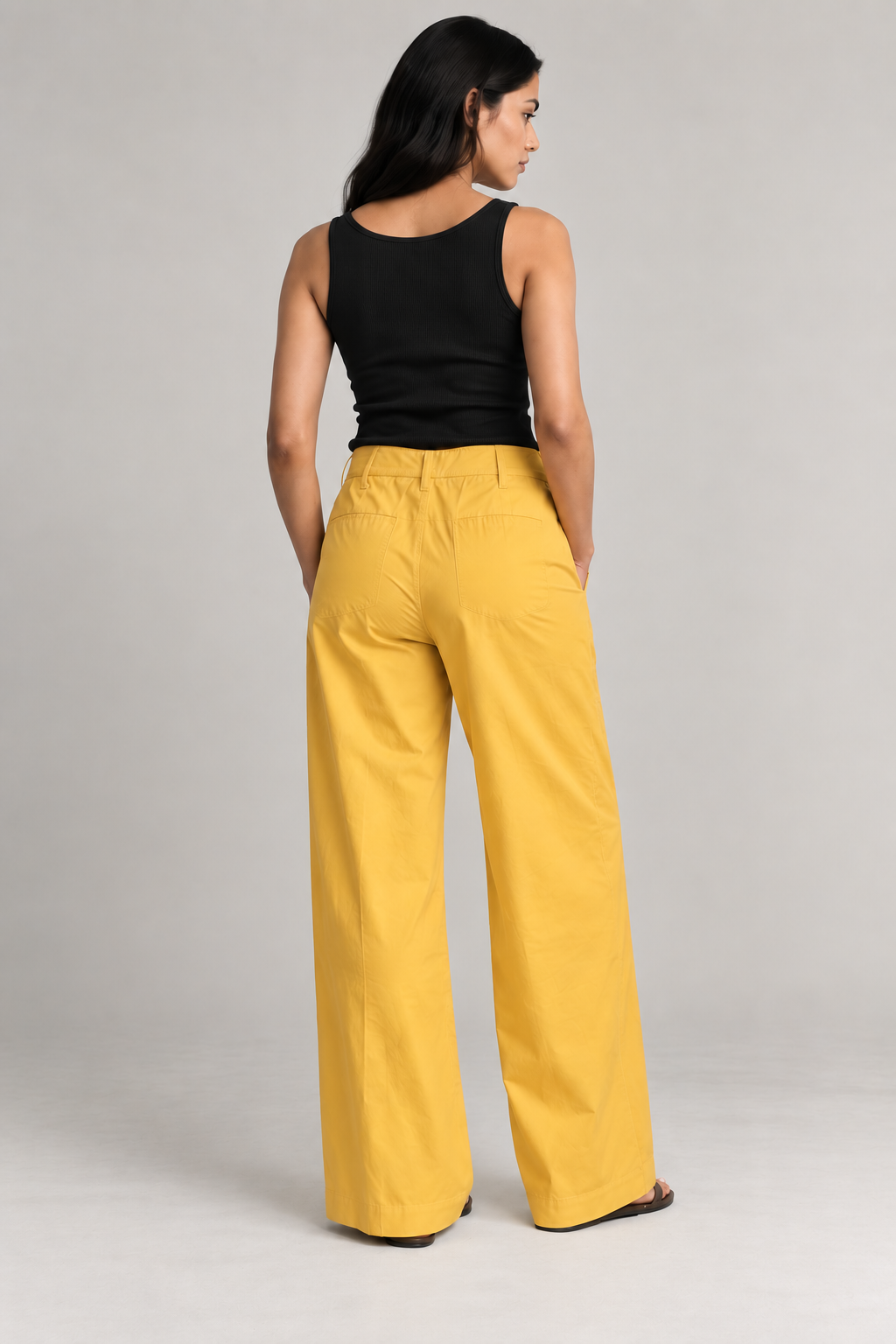 Women Mustard Yellow Cotton Poplin Wide Leg Trouser High Waist Drawstring Pants