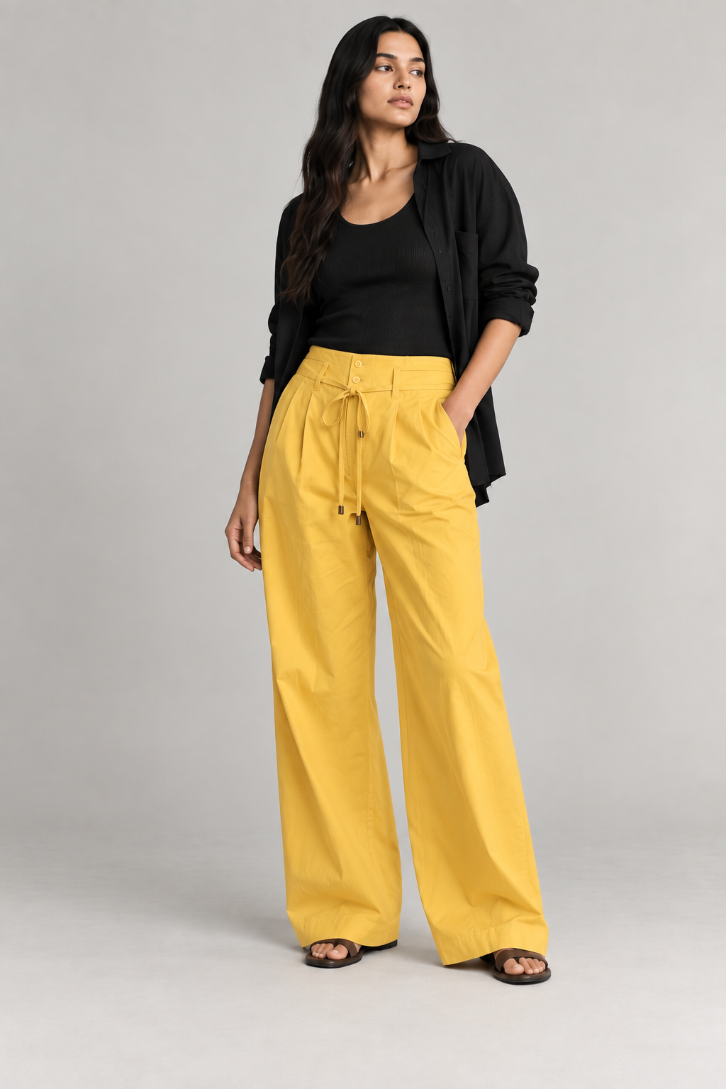 Women Mustard Yellow Cotton Poplin Wide Leg Trouser High Waist Drawstring Pants