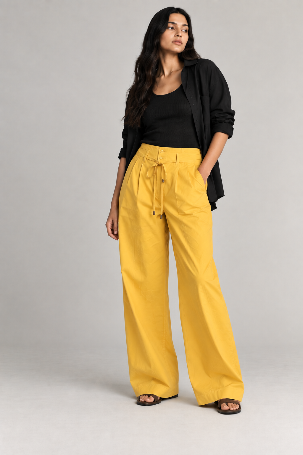 Women Mustard Yellow Cotton Poplin Wide Leg Trouser High Waist Drawstring Pants
