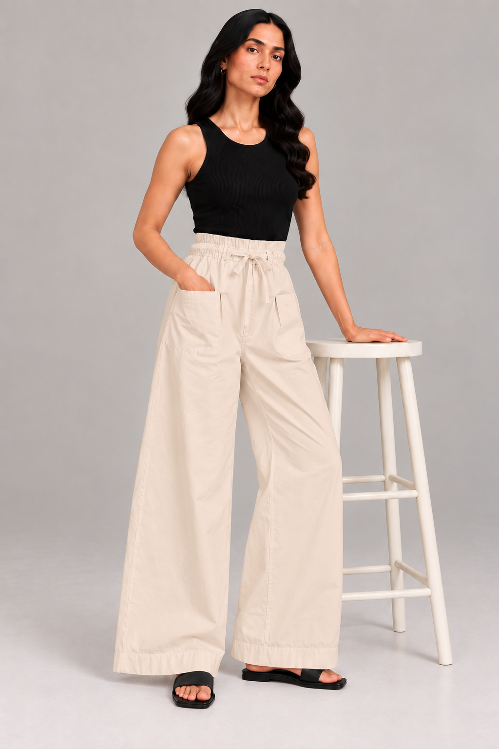 Women Light Beige Cotton Poplin Wide Leg Trouser Elastic Waist Drawstring Pants
