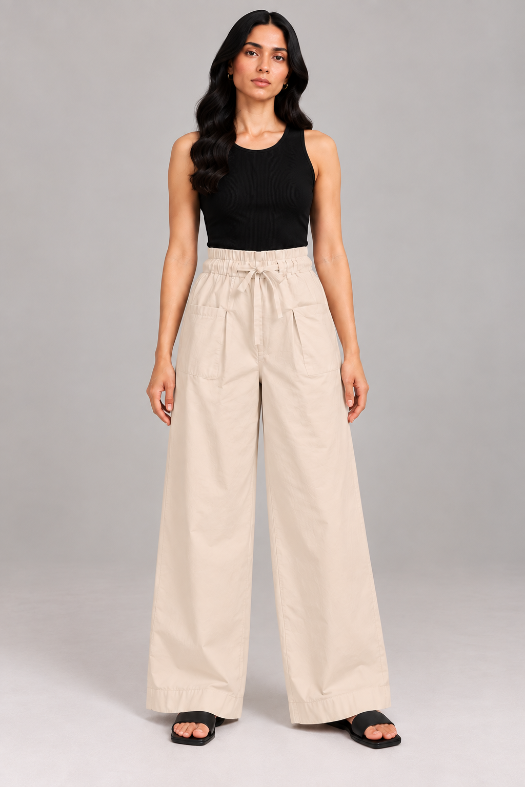 Women Light Beige Cotton Poplin Wide Leg Trouser Elastic Waist Drawstring Pants