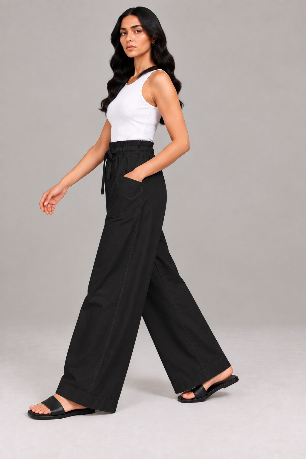 Women Black Cotton Poplin Wide Leg Trouser Elastic Waist Drawstring Pants