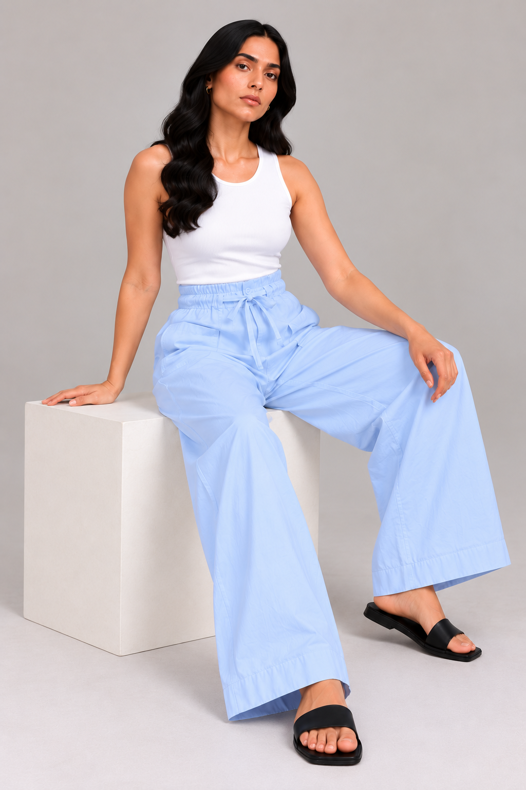 Women Light Sky Blue Cotton Poplin Wide Leg Trouser Elastic Waist Drawstring Pants