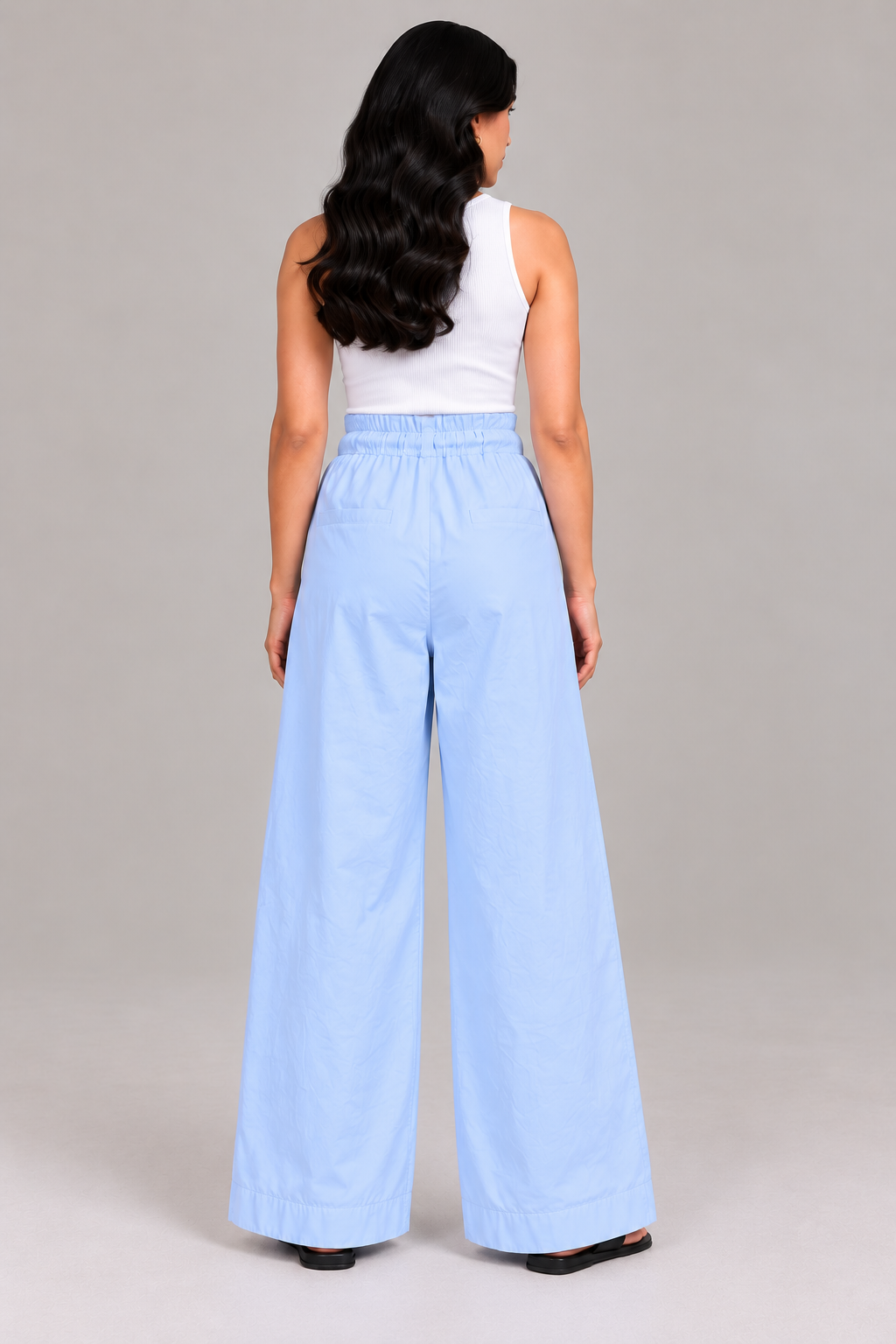 Women Light Sky Blue Cotton Poplin Wide Leg Trouser Elastic Waist Drawstring Pants