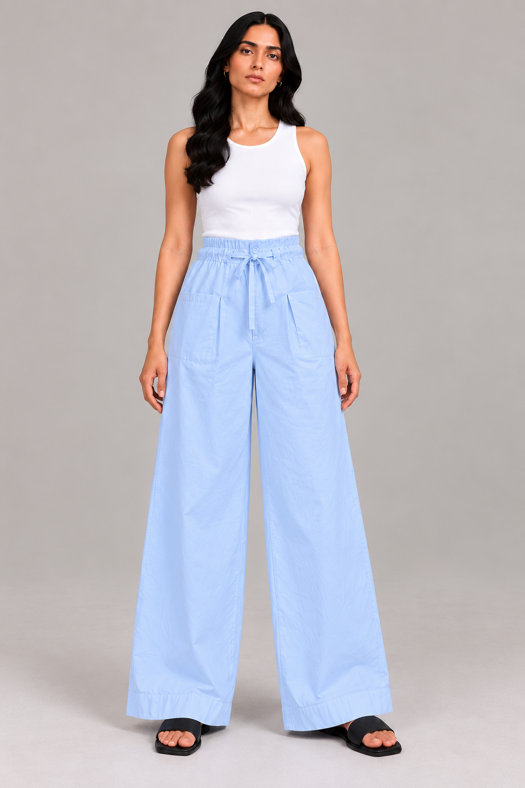 Women Light Sky Blue Cotton Poplin Wide Leg Trouser Elastic Waist Drawstring Pants