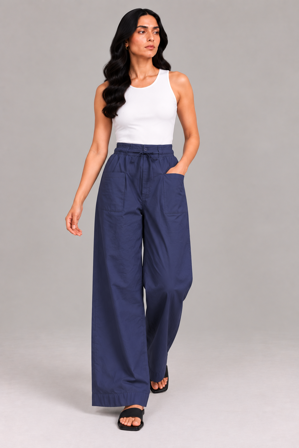 Women Navy Blue Cotton Poplin Wide Leg Trouser Elastic Waist Drawstring Pants