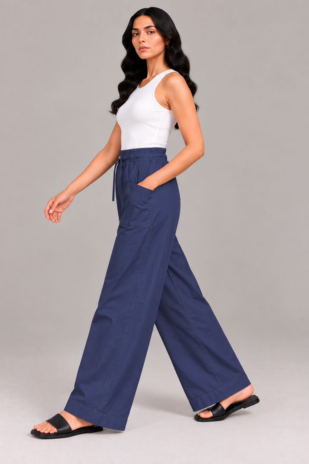 Women Navy Blue Cotton Poplin Wide Leg Trouser Elastic Waist Drawstring Pants