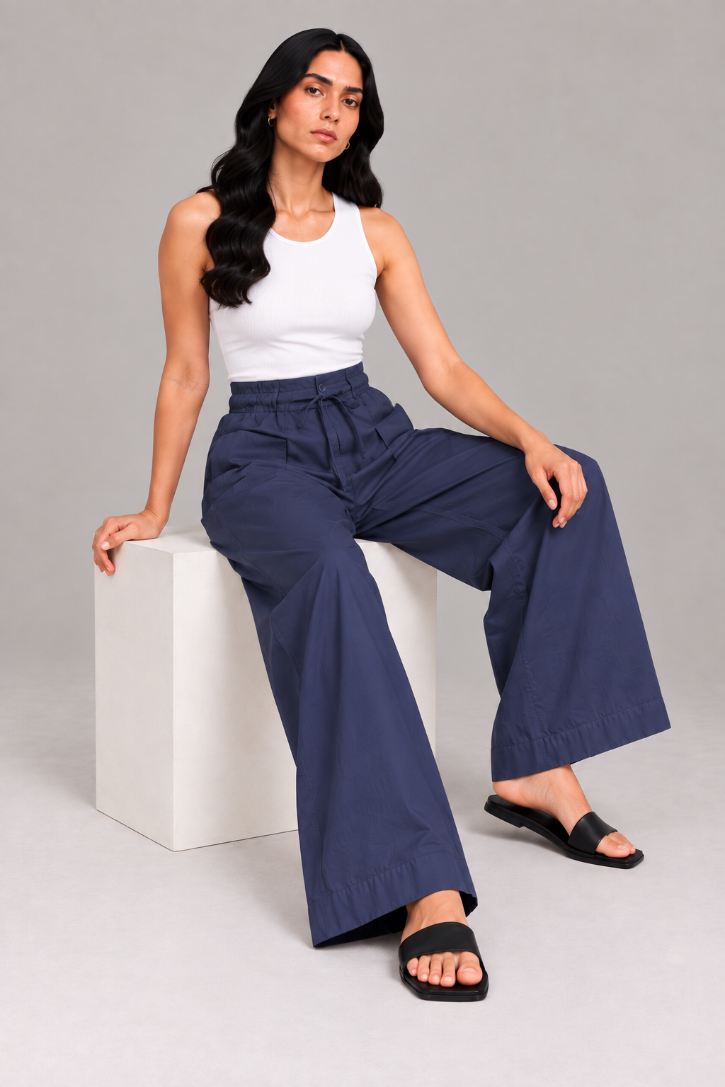 Women Navy Blue Cotton Poplin Wide Leg Trouser Elastic Waist Drawstring Pants