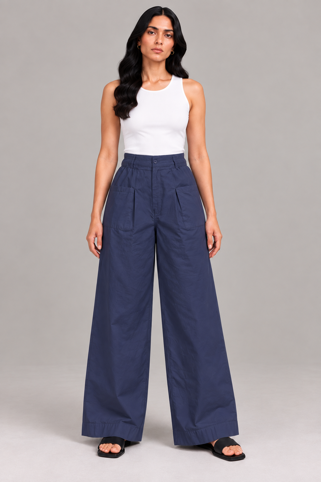Women Navy Blue Cotton Poplin Wide Leg Trouser Elastic Waist Drawstring Pants