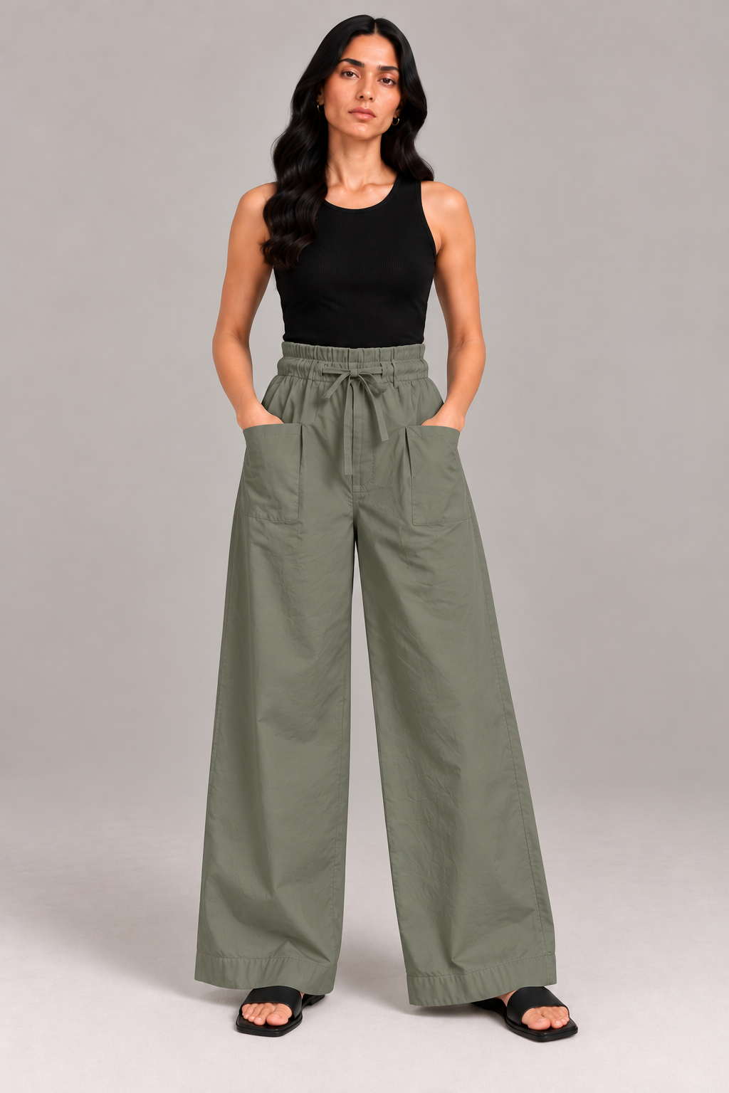 Women Olive Green Cotton Poplin Wide Leg Trouser Elastic Waist Drawstring Pants