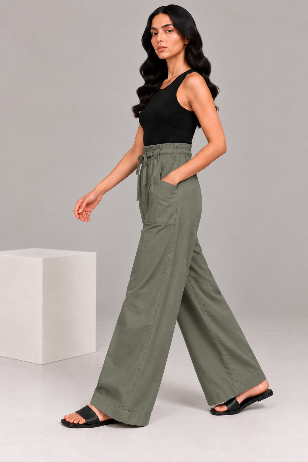 Women Olive Green Cotton Poplin Wide Leg Trouser High Waist Drawstring Pants