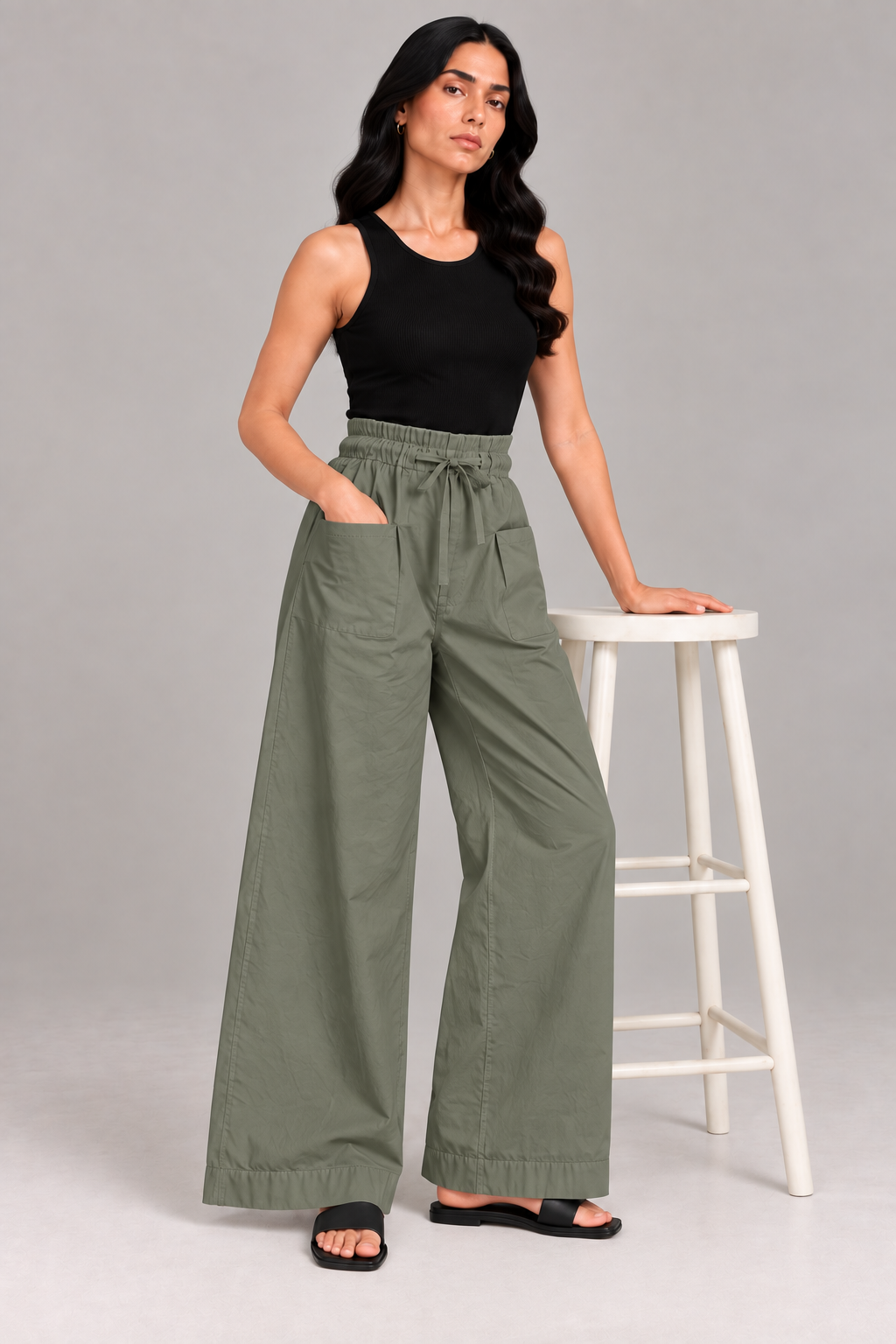 Women Olive Green Cotton Poplin Wide Leg Trouser Elastic Waist Drawstring Pants