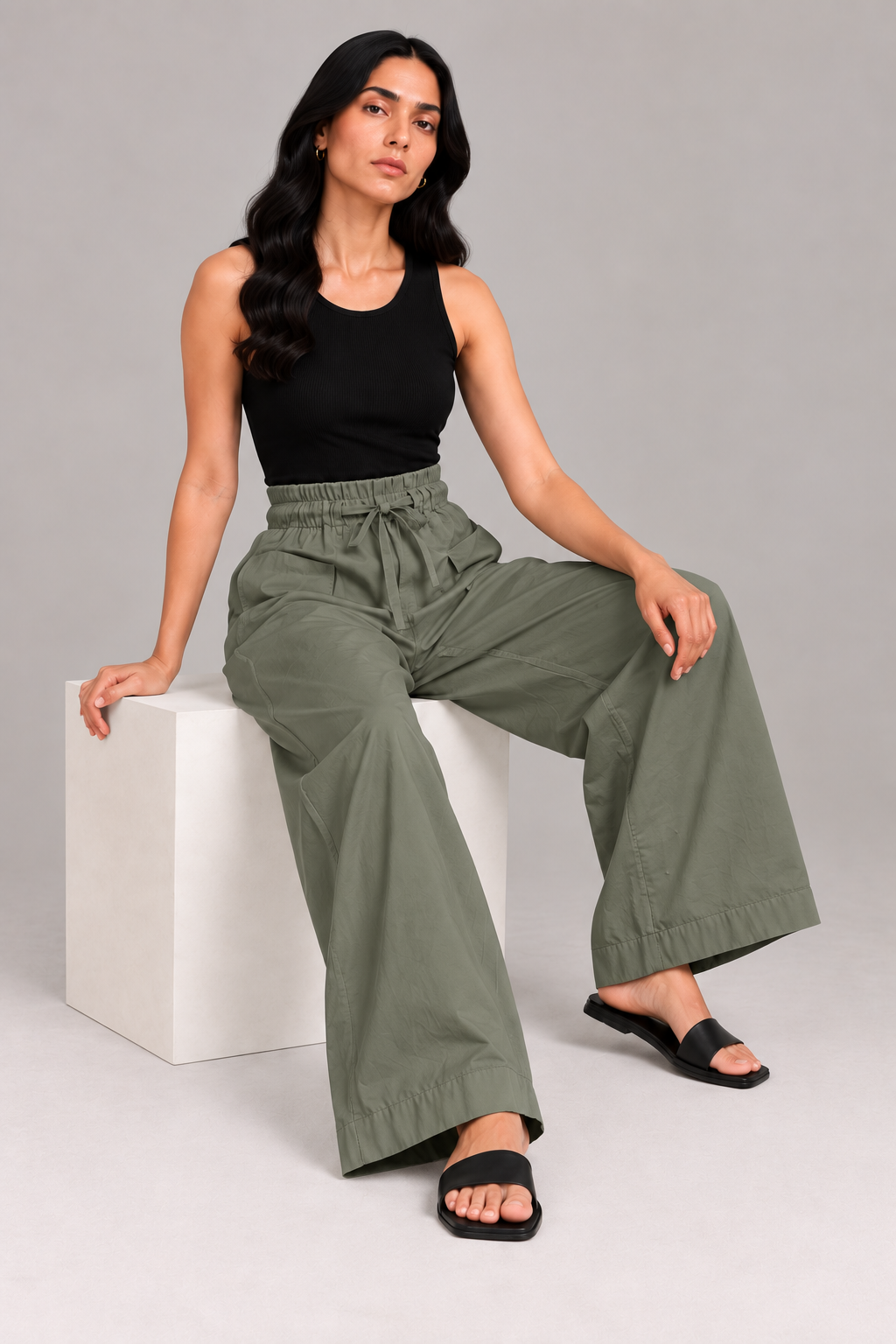 Women Olive Green Cotton Poplin Wide Leg Trouser High Waist Drawstring Pants