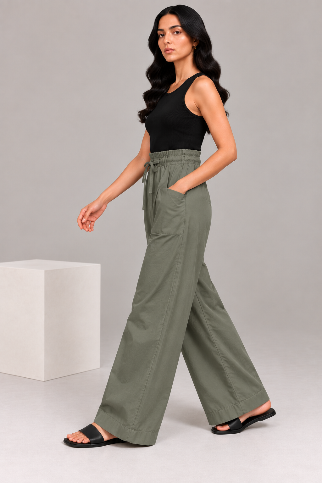Women Olive Green Cotton Poplin Wide Leg Trouser Elastic Waist Drawstring Pants