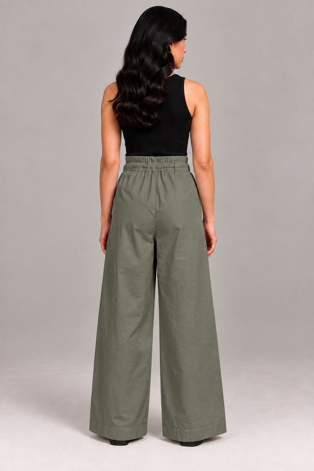 Women Olive Green Cotton Poplin Wide Leg Trouser Elastic Waist Drawstring Pants