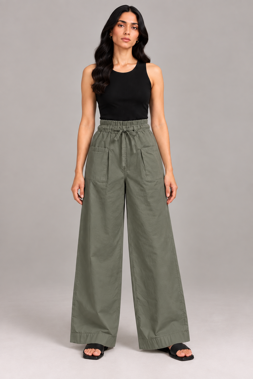 Women Olive Green Cotton Poplin Wide Leg Trouser High Waist Drawstring Pants