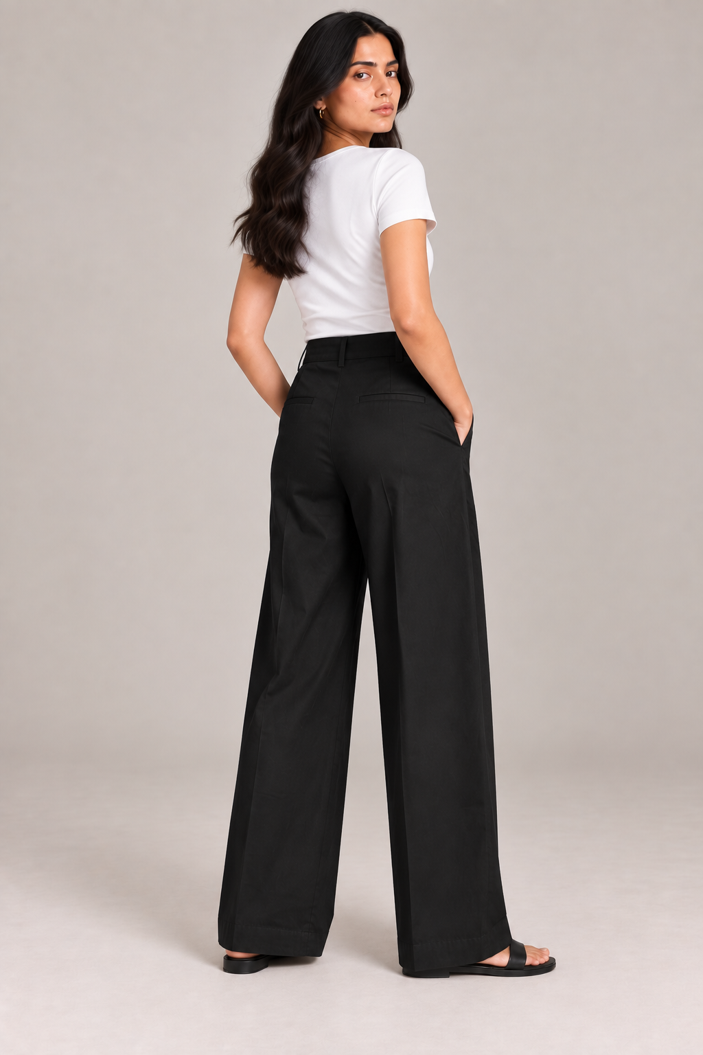 Women Black Cotton Poplin Wide Leg Trouser High Waist Straight Fit Pants