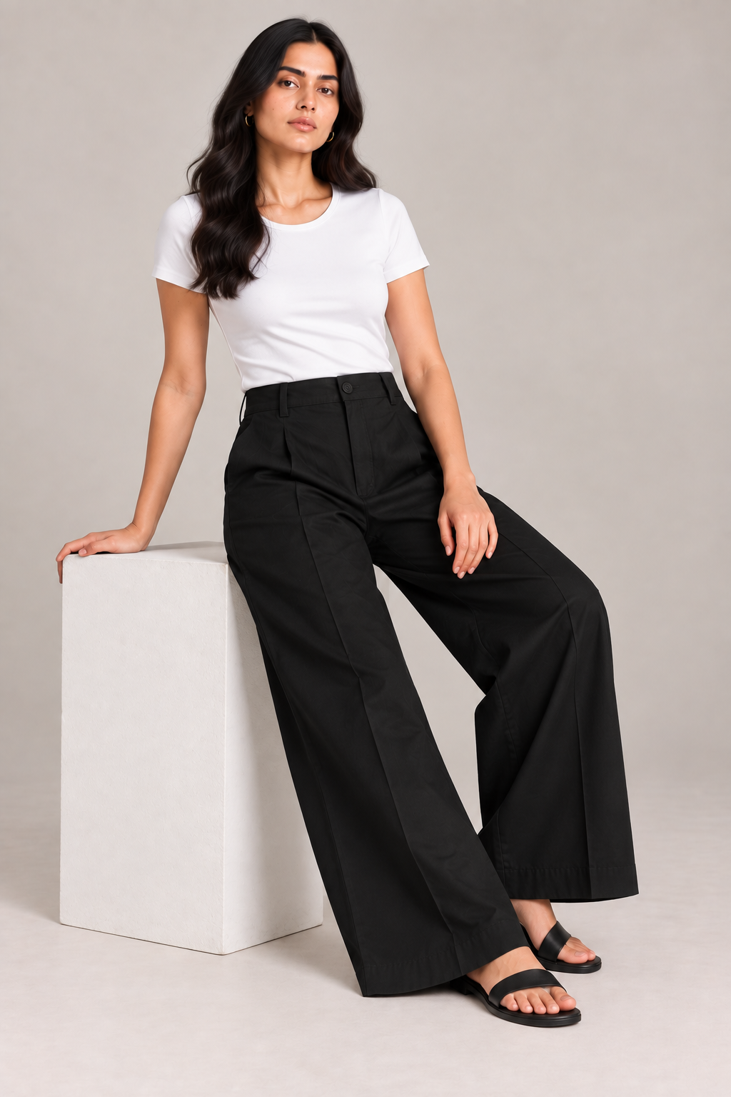 Women Black Cotton Poplin Wide Leg Trouser High Waist Straight Fit Pants