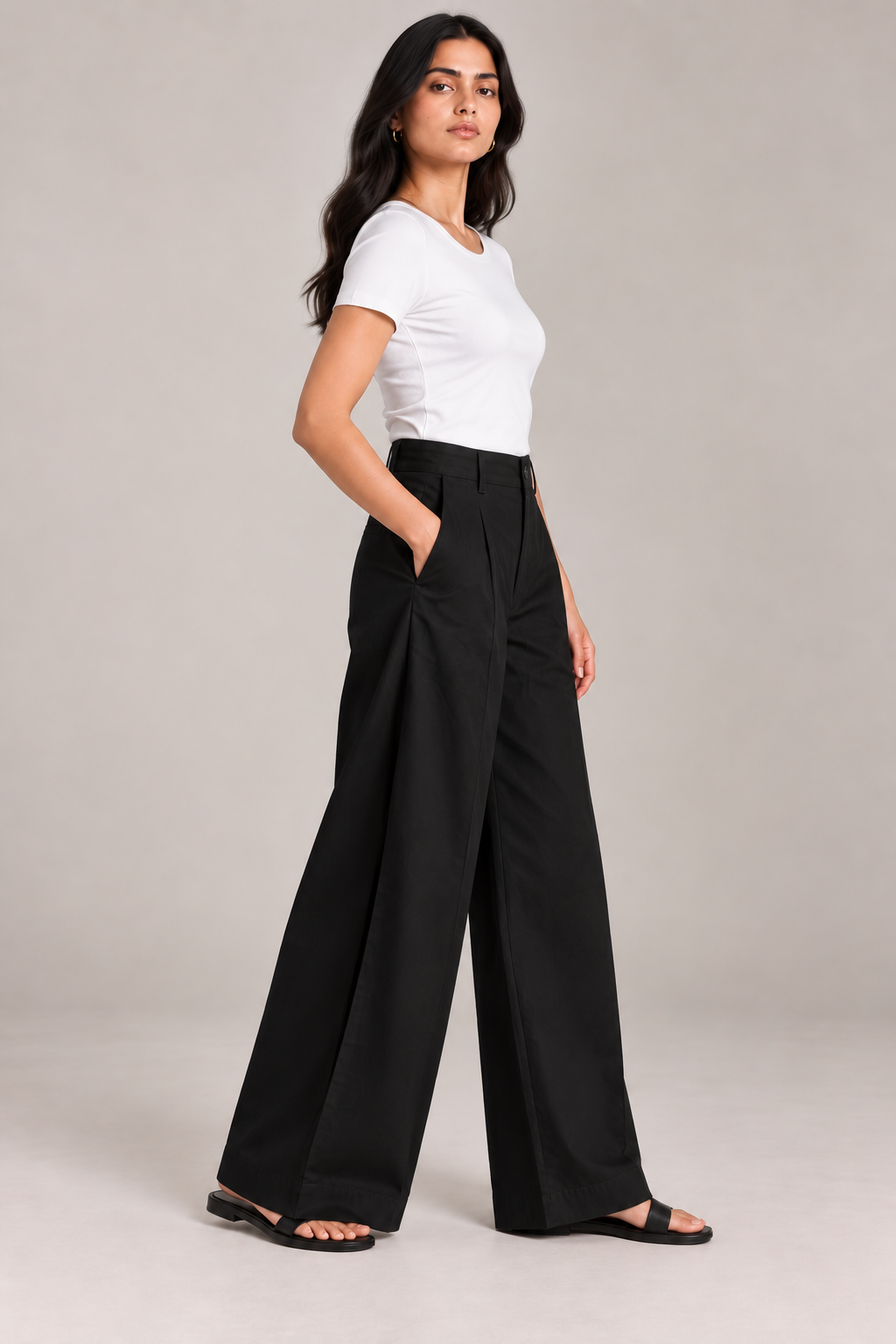 Women Black Cotton Poplin Wide Leg Trouser High Waist Straight Fit Pants