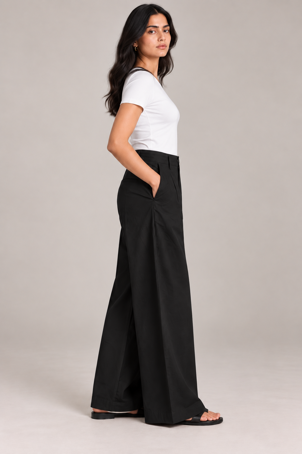 Women Black Cotton Poplin Wide Leg Trouser High Waist Straight Fit Pants